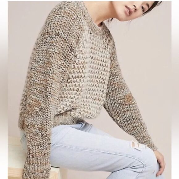 Anthropologie Moth Hillwalk Wool Mohair Oatmeal Chunky Sweater Size Medium - Picture 2 of 12